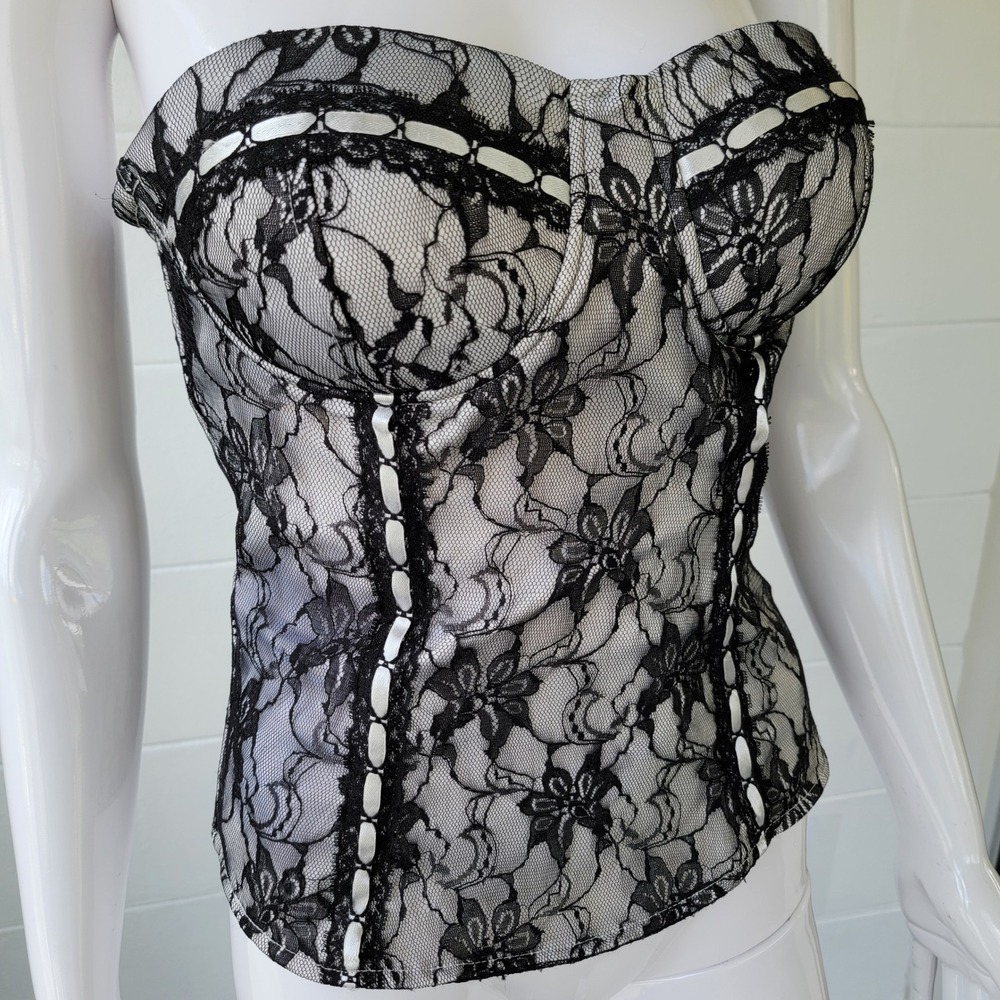 Vintage Y2K Charlotte Russe Corset Top Black White Womens M Goth Coquette‎ Emo - Picture 2 of 15